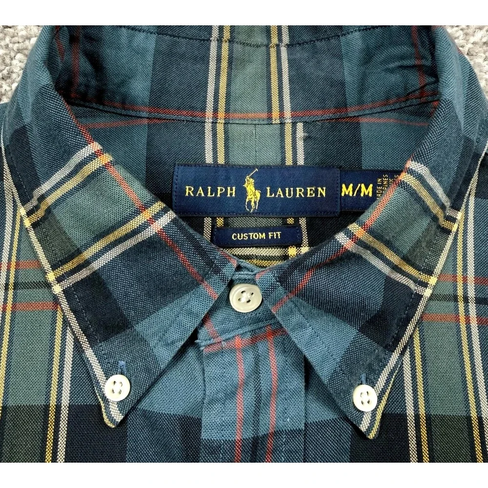 Ralph Lauren Shirt Mens M Blue Green Plaid Custom Fit Button Down Pony Cotton